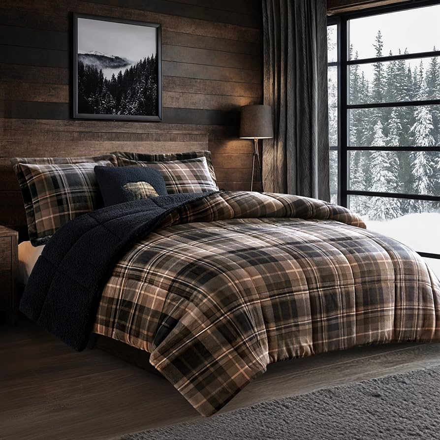 Luxurious plaid flanel bedding, sheets and cozy blankets and layered winter bedding for your lake home