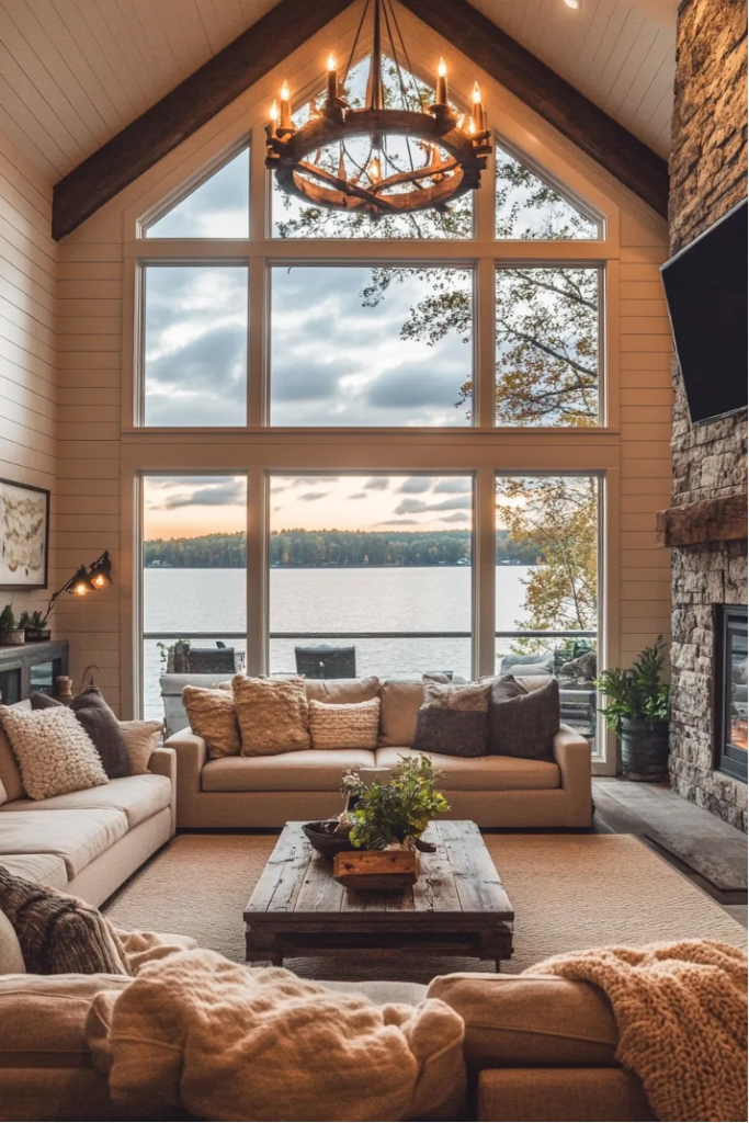 Comfy Upholstered Seating pieces in a grand lake home living room with a stone fireplace wall and arched ceilings, splendid lake view