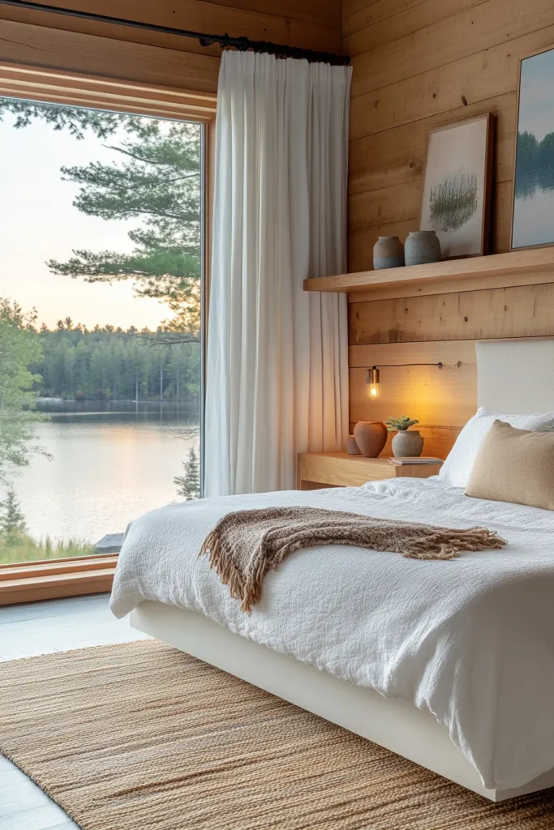Pristine White Bedding in a rustic knotty-pine clad lake home bedroom overlooking lake