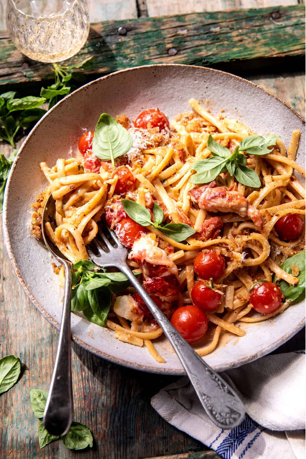 Creamy Tomato Lobster Linguine with Garlic Breadcrumbs
