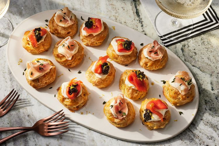 Gougères with Smoked Salmon, Caviar, & Prosciutto