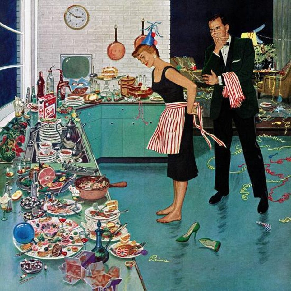 Illustration by Ben Kimberly Prins of a kitchen in disarray after a 1960s holiday party