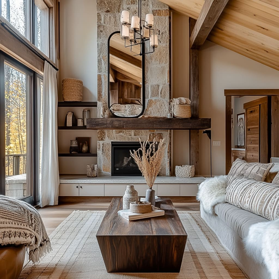 Sustainable Materials & Statement Stones in a modern lake home living area