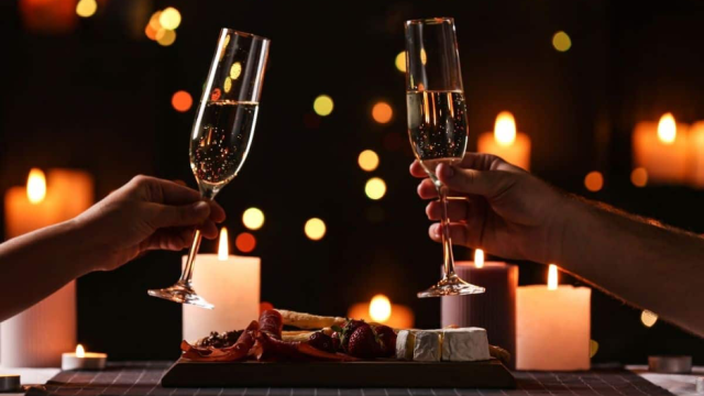 toasting champagne glasses over romantic Valentine's Day dinner at the lake