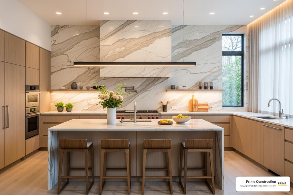2026 kitchen trend illustrating Durable, Low-Contrast Backsplashes

