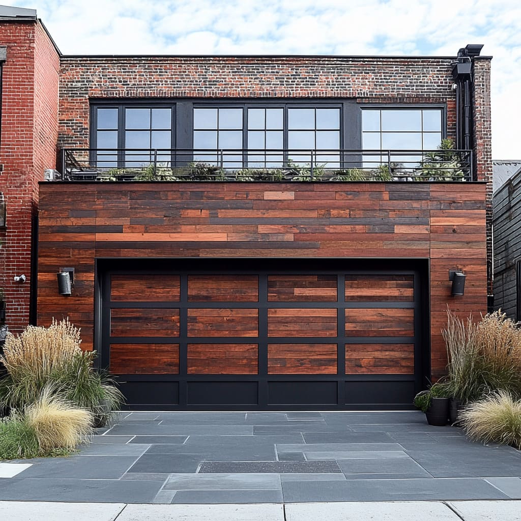 Mixed-Material Garage Doors (Wood + Metal Accents)