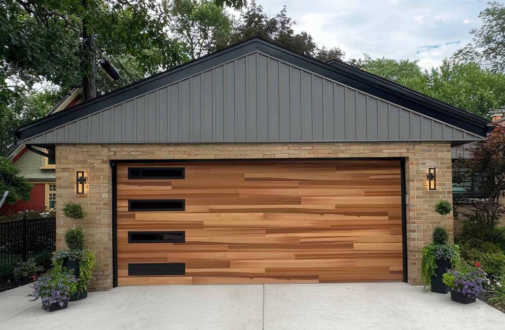Modern Flush Garage Door Panels with Natural Wood Finish