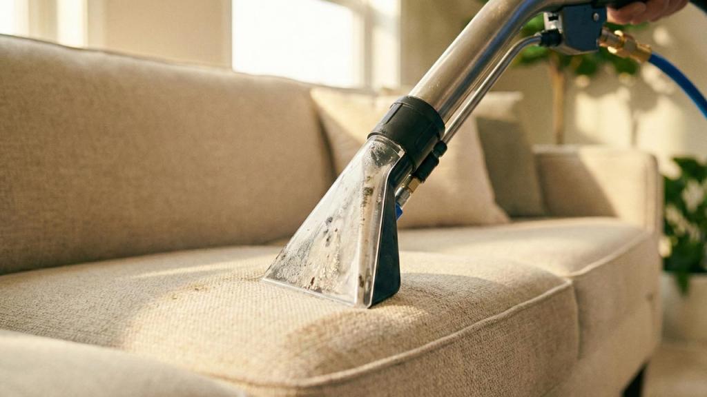 cleaning dust from an upholstered sofa