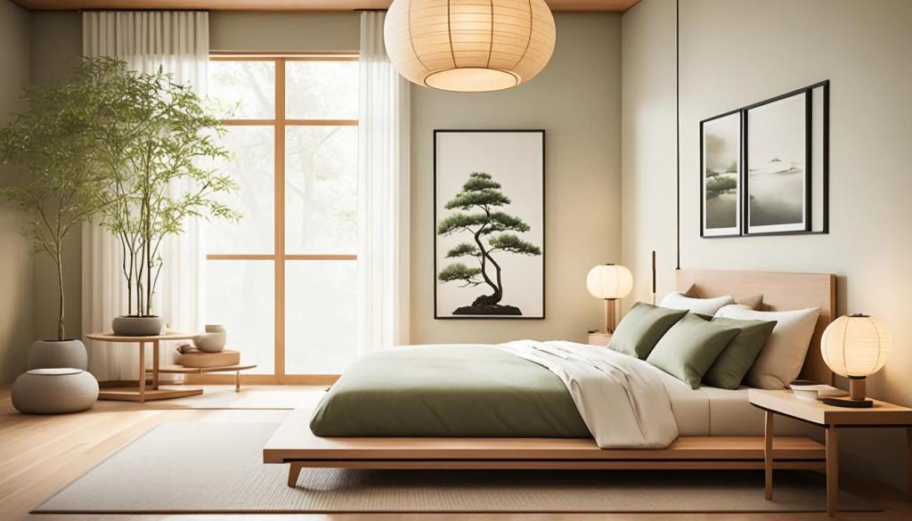 Japandi-style bedroom with organic shapes, connection to nature, low-profile platform bed, botanical elements and artwork.