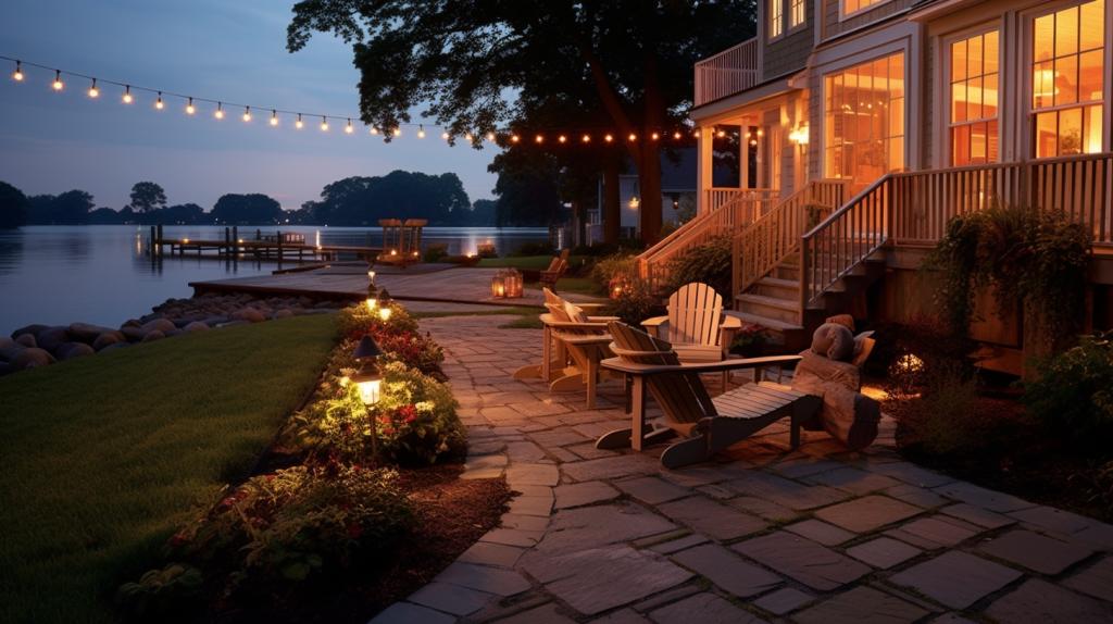 lake home landscape with layered lighting, combining string lights, lanterns, and low-voltage landscape lighting
