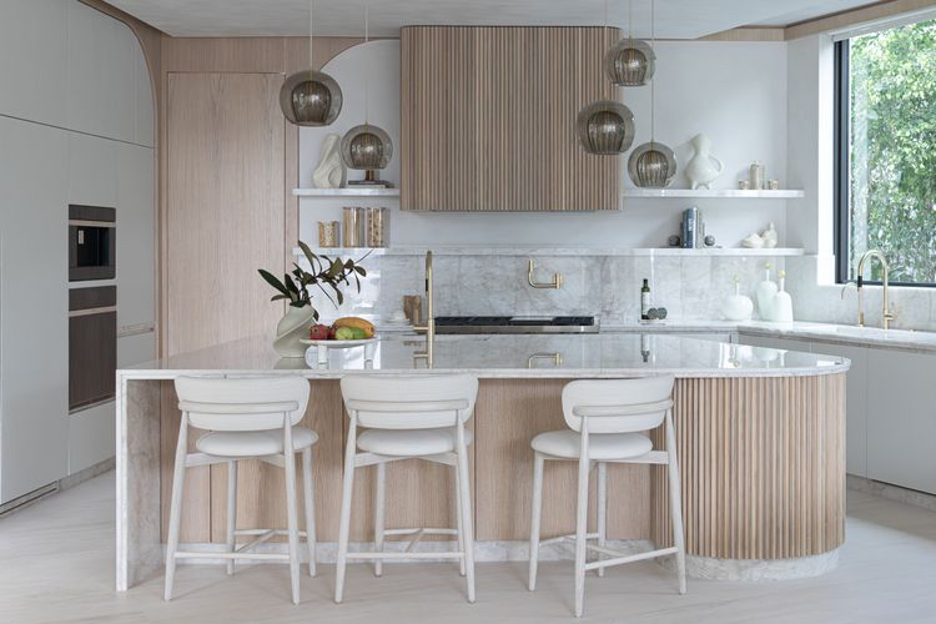 a Curated Display With Layered Open Shelving in a lake home kitchen\