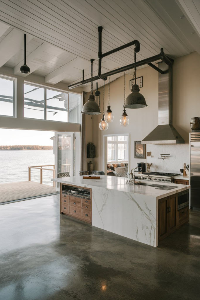 Mix Metal Accents for Architectural Contrast in an industrial-style lake home kitchen