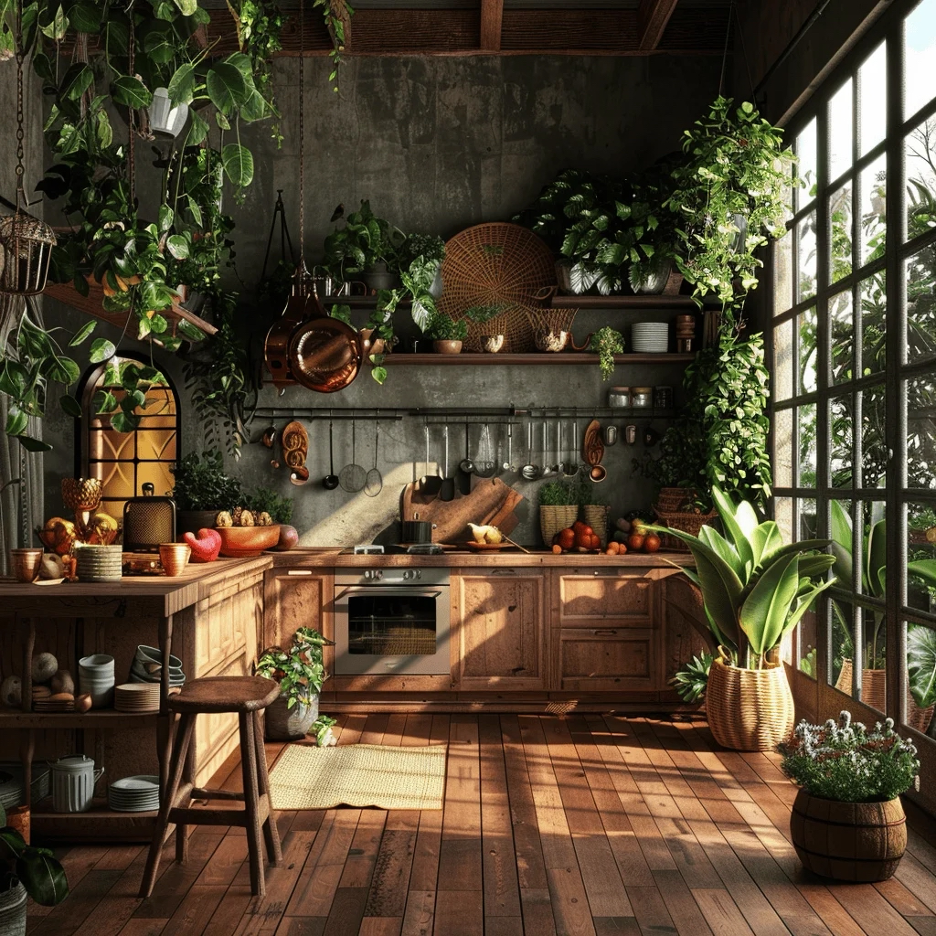 Attention-grabbing Greenery and Wall-Mounted Herbs in a lake home kitchen