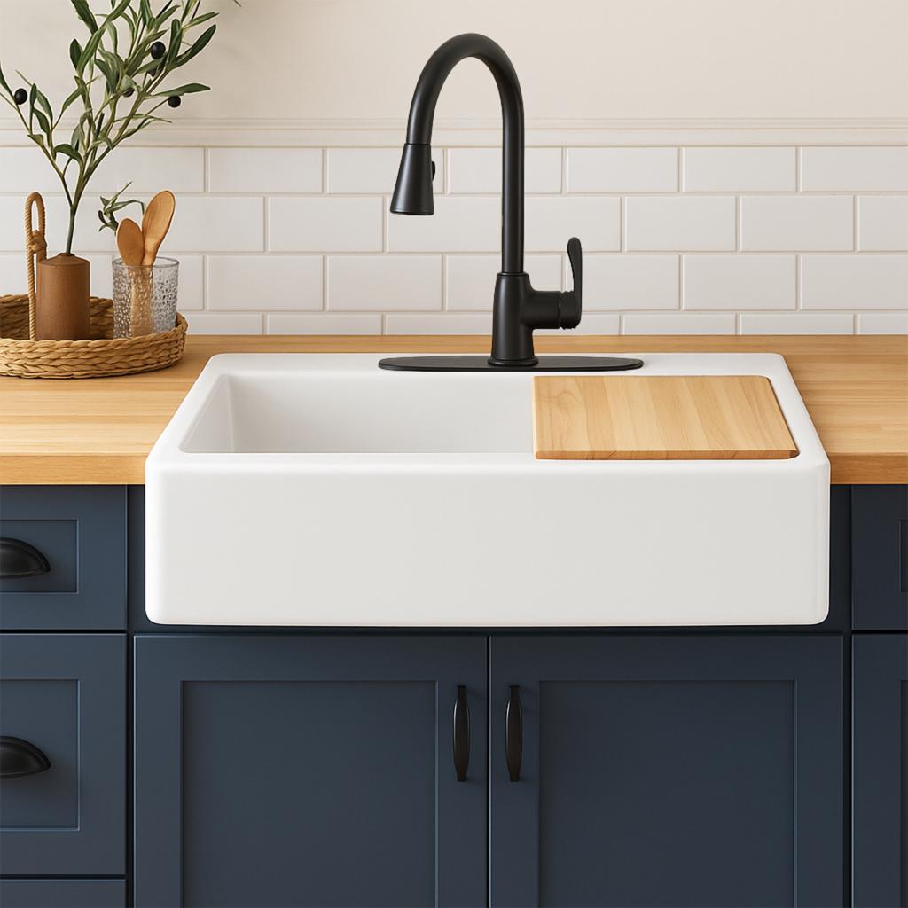 Top-Mount Sink; Fireclay Quick-Fit® Drop-In Farmhouse Workstation
Kitchen Sink