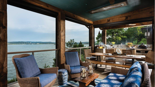 Rustic covered porch overlooking the lake