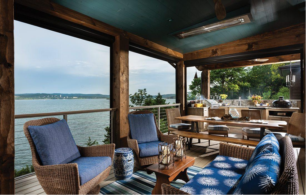 Rustic covered porch overlooking the lake