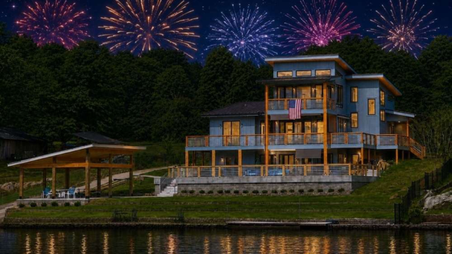 waterfront property on July 4th with fireworks