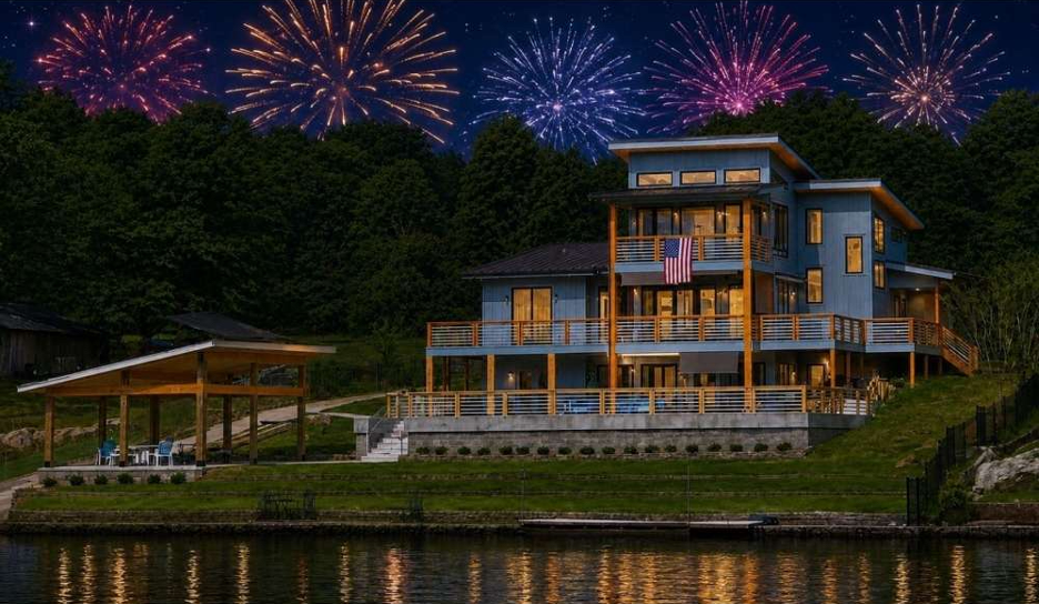 waterfront property on July 4th with fireworks