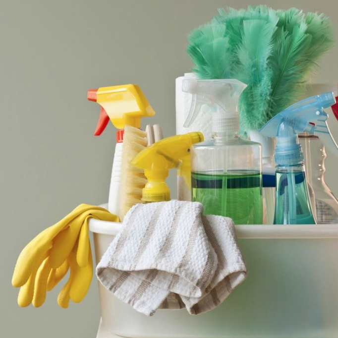 bathroom cleaning supplies, including feather duster for top-down cleaning of lights, vents, and crown molding