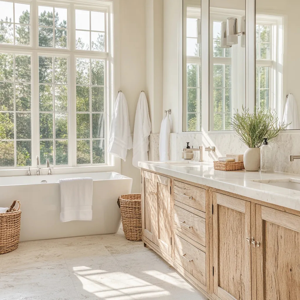 Finish with Fresh Textiles and Preventive Maintenance, fresh towels, soap refills in a luxurious lake home bathroom