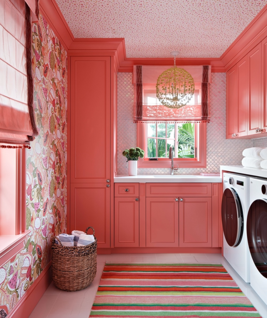 A color-drenched laundry room with a mix of patterns and textures.