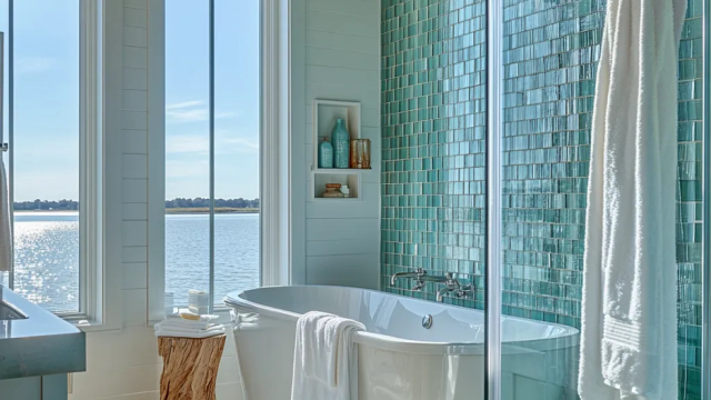 Pristine and sparkling bathroom overlooking a lake