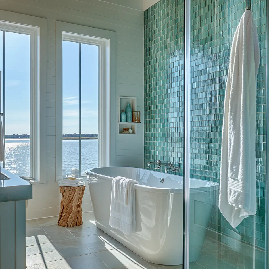 Pristine and sparkling bathroom overlooking a lake